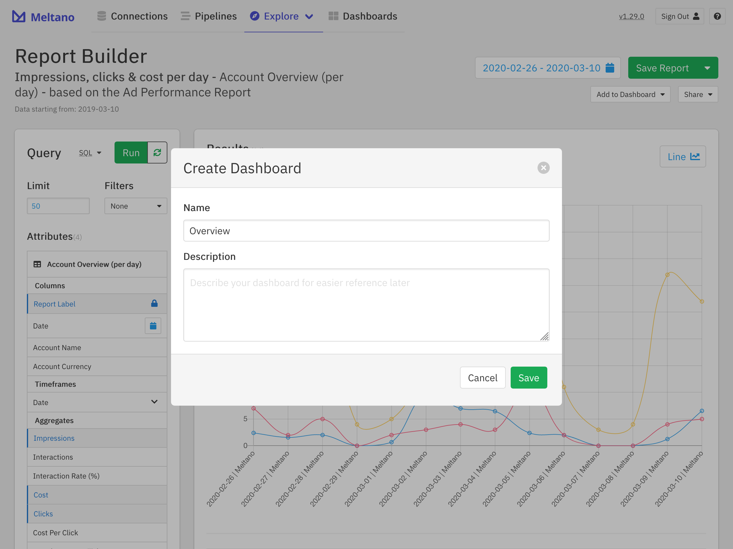 New dashboard dialog for configuring the dashboard