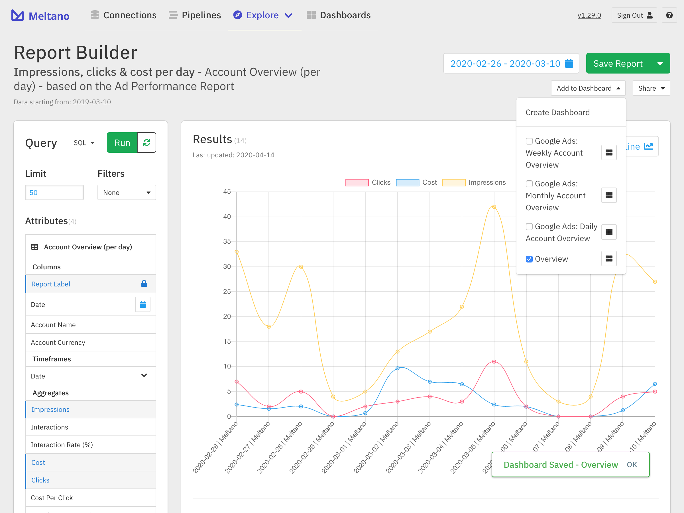 Confirmation that our report is added to the dashboard