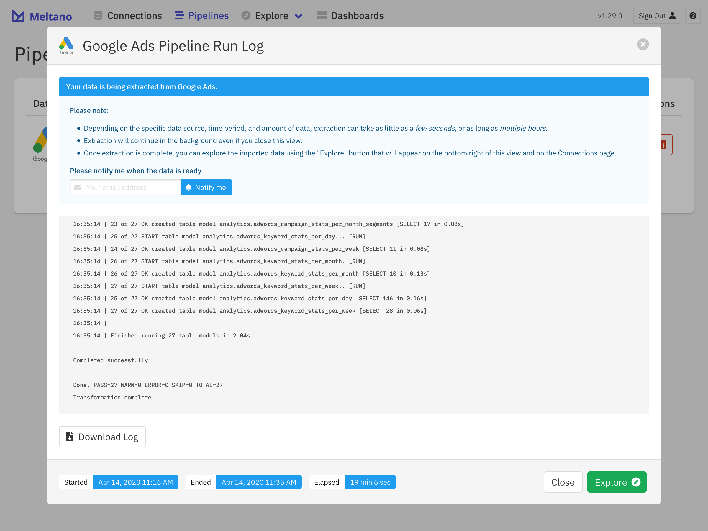 Example of Google Ads extraction log and explore button