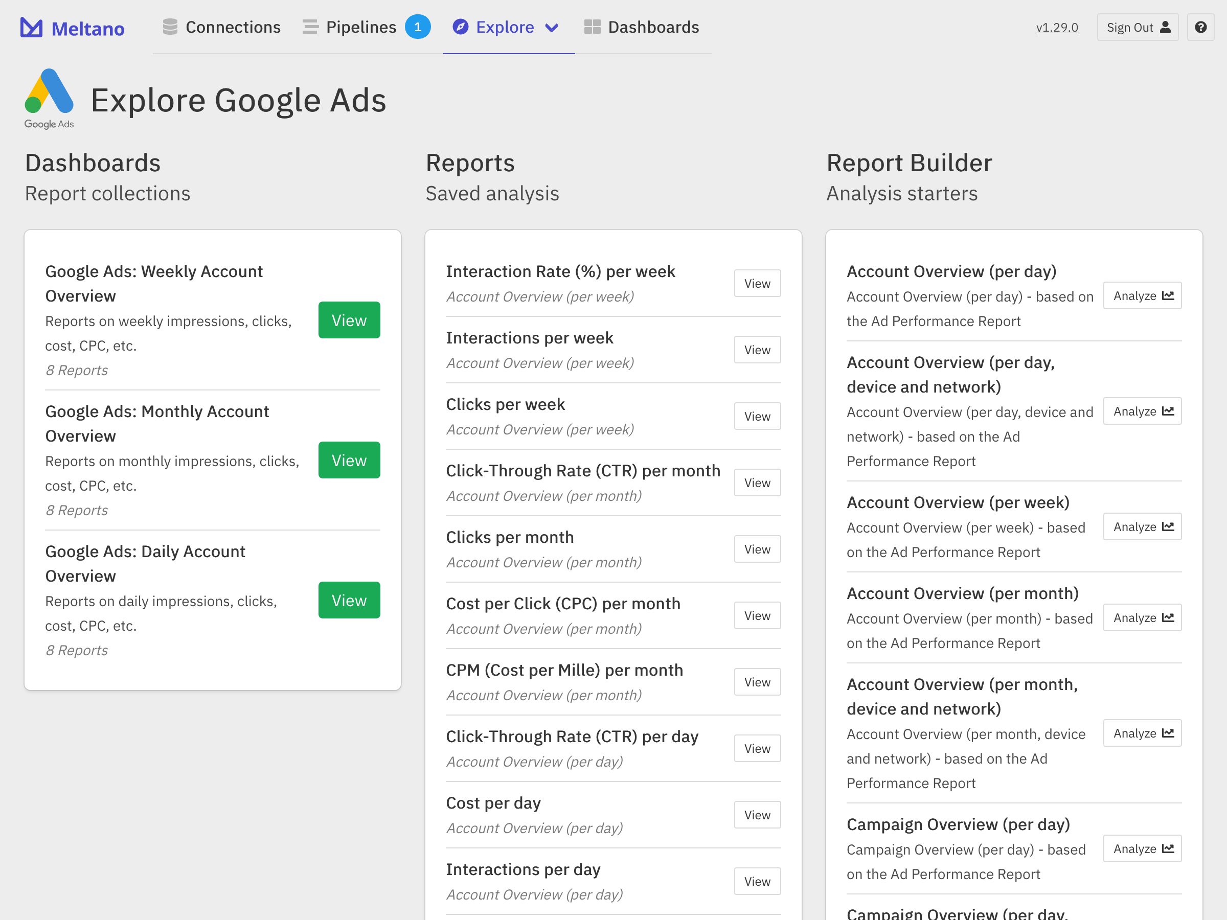 Example of Google Ads explore page